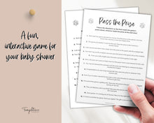 Load image into Gallery viewer, Pass the Prize Game | Includes Baby Shower Games, Printable Baby Shower Template, Pass the Gift Game, Gender Neutral &amp; Woodland Theme, Minimalist | Boho
