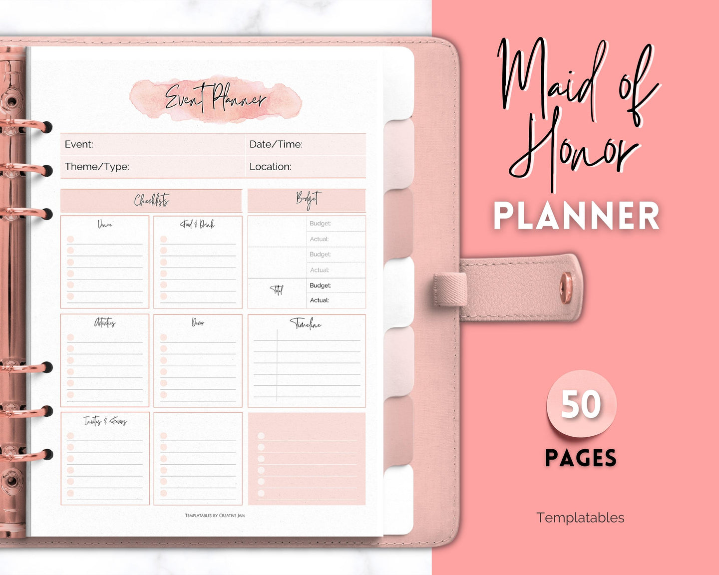 50pg Maid of Honor Planner Bundle - Matron of Honor Wedding Planner | To Do List for Bridal Showers & Bachelorette | Pink Watercolor