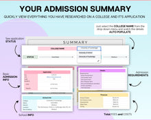 Load image into Gallery viewer, College Application Planner | College App Tracker Spreadsheet for College Research, Scholarship, Academic Student Planner &amp; University List | Colorful
