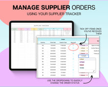 Load image into Gallery viewer, Inventory Tracker Spreadsheet | Small Business Inventory Management Template &amp; Business Stock Tracker for Google Sheets | Colorful
