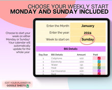 Load image into Gallery viewer, Bill Payment Calendar Spreadsheet | Google SHEETS Automated Monthly Bill Tracker | Budget Expense, Finance Template | Rainbow
