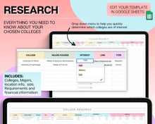 Load image into Gallery viewer, College Application Planner | College App Tracker Spreadsheet for College Research, Scholarship, Academic Student Planner &amp; University List | Colorful
