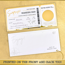Load image into Gallery viewer, GOLD Scratch &amp; Reveal Travel Ticket - Personalized Surprise Boarding Pass Gift with ENVELOPE | Golden Ticket, Unique Flight Travel Gift for Anniversary, Birthday, Valentines &amp; Christmas Holidays
