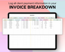 Load image into Gallery viewer, Invoice Tracker Spreadsheet | Small Business Invoice Tracking With Invoice Template, Task Tracker, Order Profit Loss &amp; Google Sheets Sales Tracker

