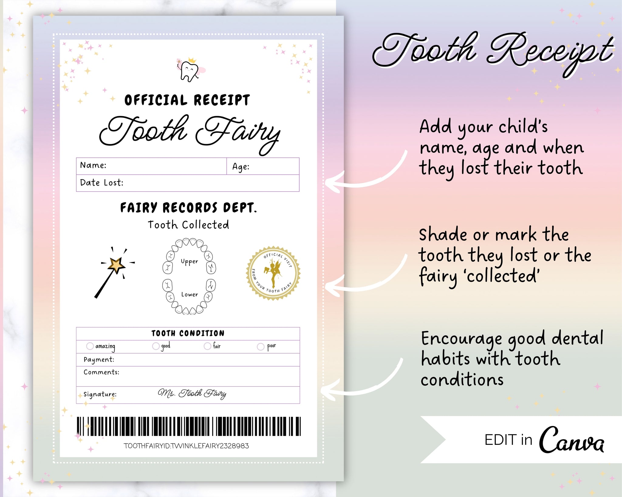 EDITABLE Tooth Fairy Letter | Tooth Fairy Receipt Template with Note,  Toothfairy Certificate, Canva Template, Lost or First Tooth Gift, image size:2048x1638