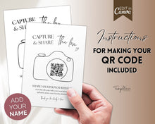 Load image into Gallery viewer, Editable Capture the Love QR Code Sign | EDITABLE Wedding Reception Signage for Camera, Wedding Table games, QR Code Canva Template &amp; Modern Photo Sign
