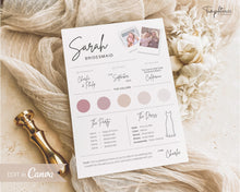 Load image into Gallery viewer, EDITABLE Bridesmaid Info Card | PHOTO Wedding Information &amp; Iteniary Card Canva Template | Style 2
