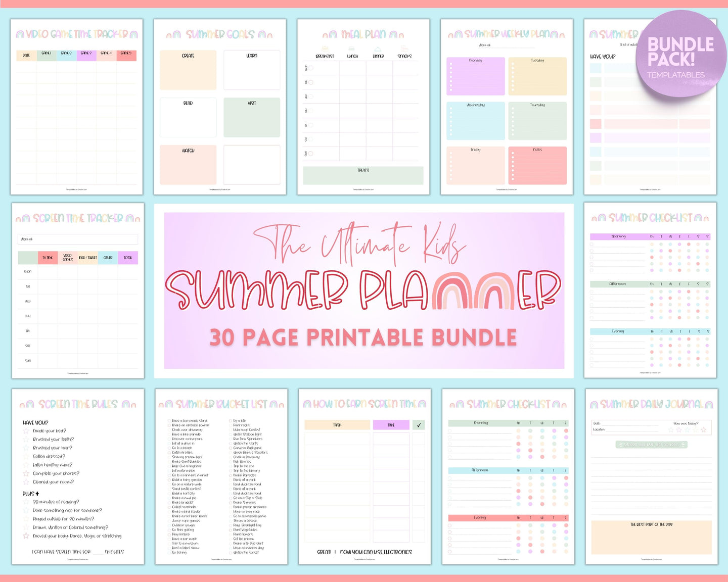 2023 Summer Planner for Kids | Kids Summer Schedule, Activities, Printable Calendar & Checklist Template | Pastel Rainbow
