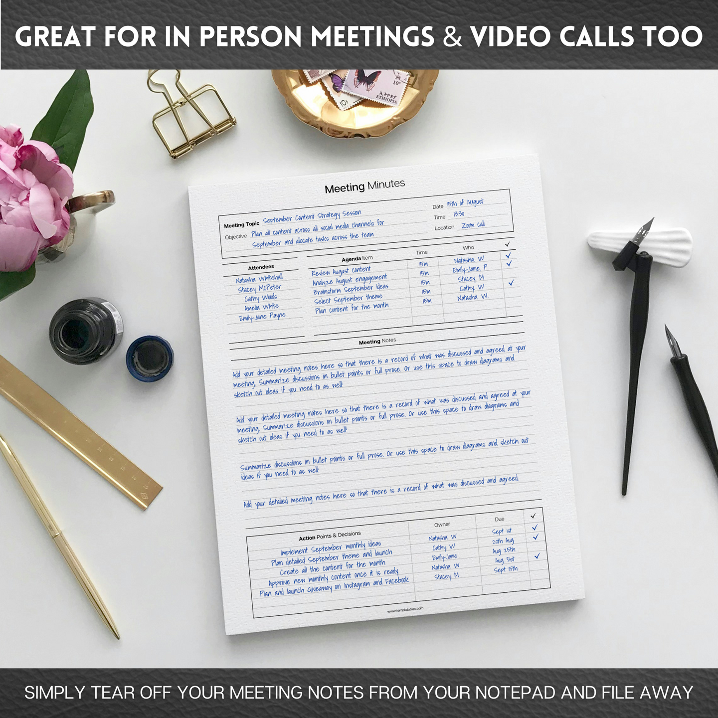 Meeting Minutes Note Taking Professional Notepad | Plan, Record and Track Actions, Agendas from all your Important Meetings Desk Pad | 50 Undated Tear Away Sheets | A4 Mono