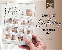 Load image into Gallery viewer, EDITABLE First Birthday Milestone Sign | 1st Birthday Poster, Baby Milestone decor, Canva Template &amp; Photo Collage Poster | Olivia

