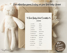 Load image into Gallery viewer, TWIN Baby Shower Games BUNDLE | 45 Twins Baby Shower Activity, Twin Trivia, whats in your purchase, Bingo, Word Scramble, Boho &amp; Woodland Themes
