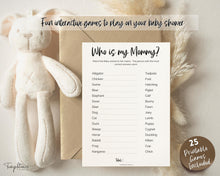 Load image into Gallery viewer, 40 Baby Shower Games Printable BUNDLE | Gender Neutral Baby Shower Activity for Woodland, Boho, Neutral Theme Baby Showers
