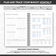 Load image into Gallery viewer, Budget Planner &amp; Monthly Bill Organizer | Finance Planner, Financial Savings, Debt, Income, Expenses, Spending &amp; Bill Trackers | A5

