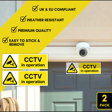 Load image into Gallery viewer, CCTV in Operation Stickers (Pack of 2) 5 x 15cm | Weatherproof Self Adhesive Security Camera Warning Sign
