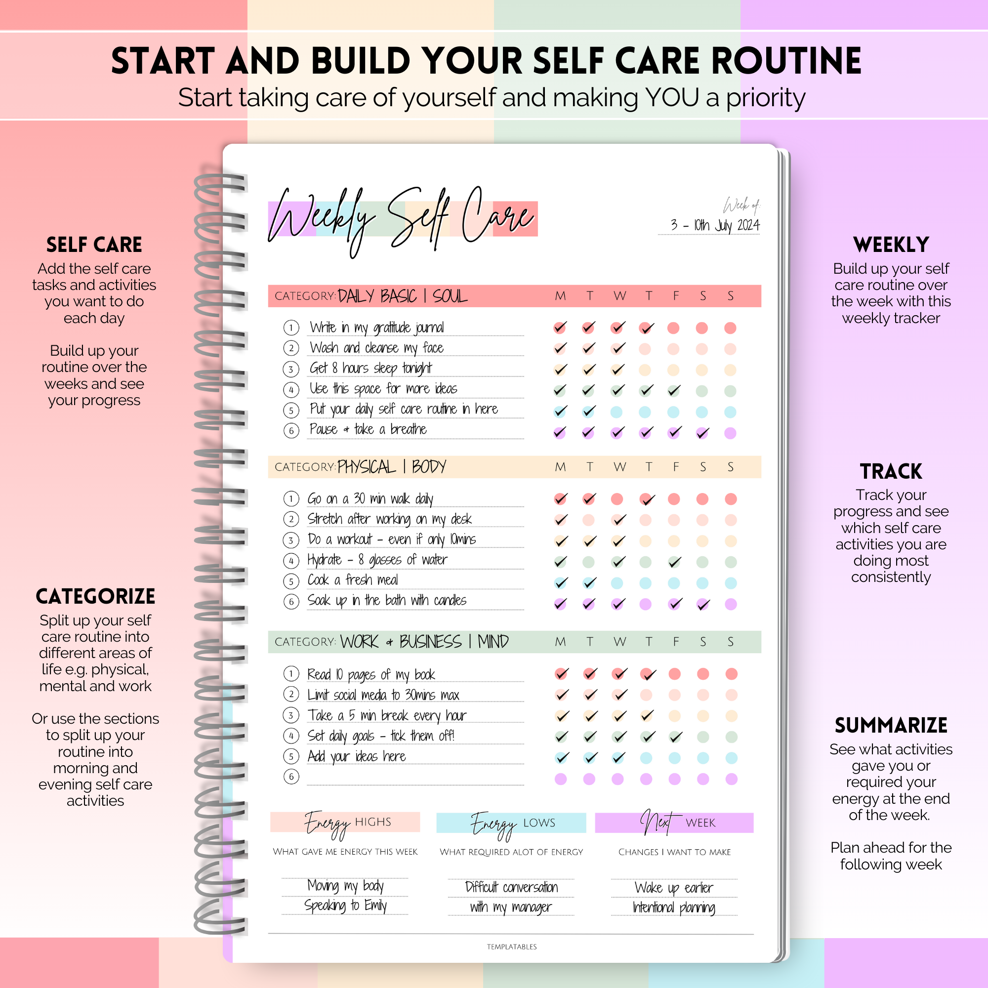 Wellness Journal & Self Care Planner - 90 Day Health, Fitness, Gratitude,  Mindfullness, Wellbeing, Diet & Food Tracker - A5 Pastel Rainbow