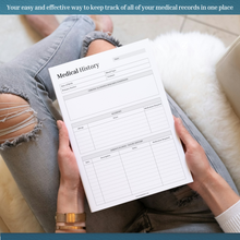 Load image into Gallery viewer, Comprehensive Medical Planner Logbook | Prescription Log Journal | Self Care Medical Journal | Track Symptoms, Medications, &amp; Doctor Notes | Health Planner | A5
