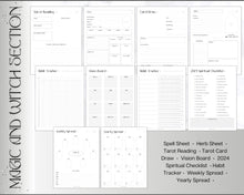 Load image into Gallery viewer, 2024 Printable Witch Planner | 2024 Witchy Journal, Moon Calendar, Tarot Journal, Spell Book, Grimoire, Witchcraft, Witchy stuff &amp; Goth Witch Kit
