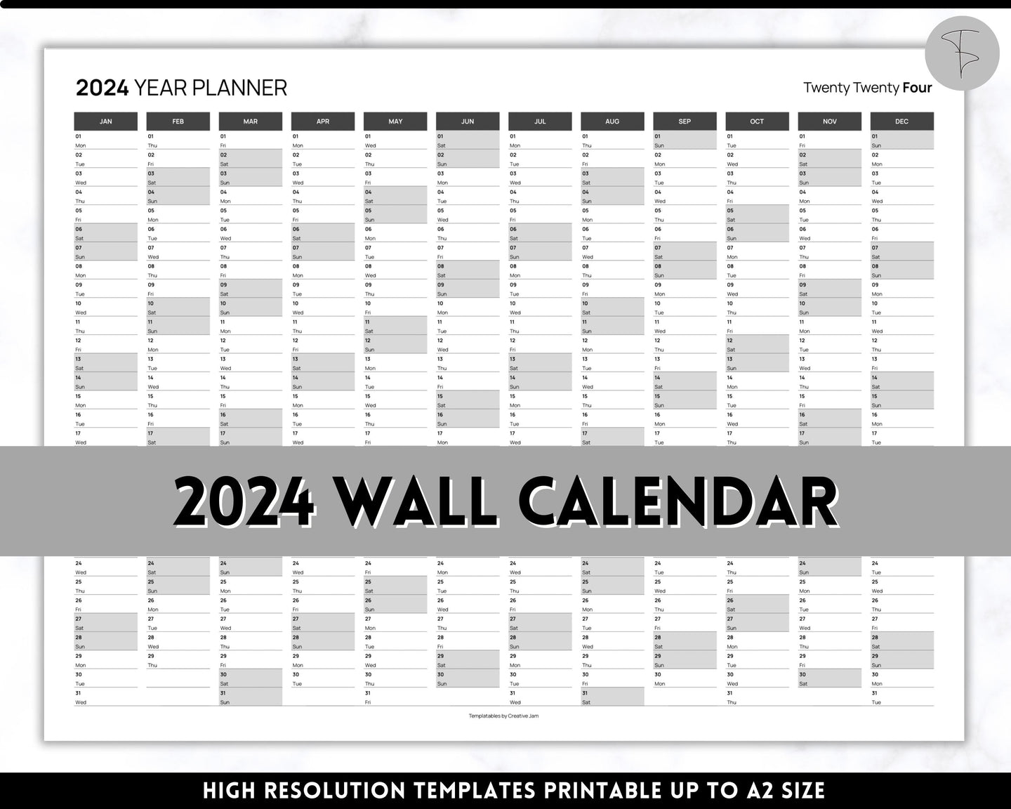 2024 Wall Calendar Printable | Large Yearly 12 Month Calendar | Annual Year at a glance | Mono