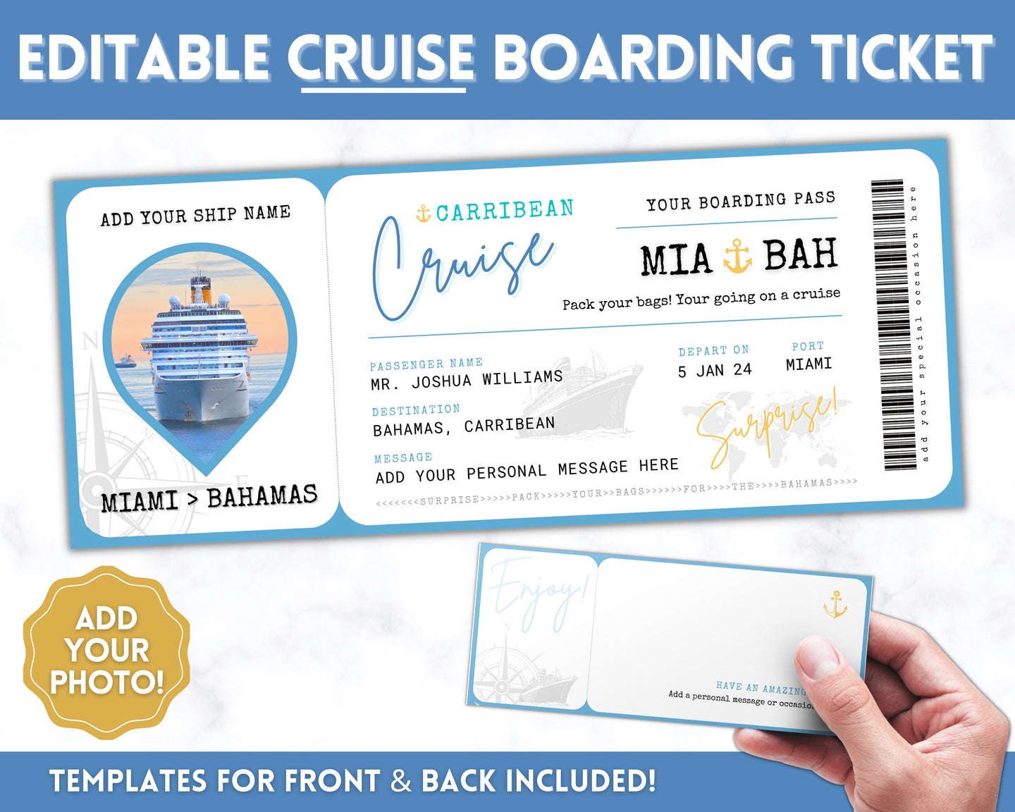 Cruise Ticket Template | Editable Boarding Pass Cruise Vacation Ticket for a Surprise Trip