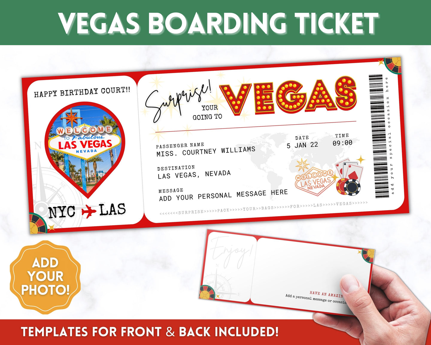 LAS VEGAS Ticket Template | Editable Boarding Pass Plane Airline Ticket for a Surprise Trip
