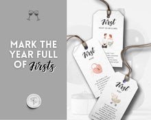 Load image into Gallery viewer, Marriage Milestone Wine Basket Tags | Printable Wine Bottle Gift Tag Labels for Newlyweds and Bridal Showers
