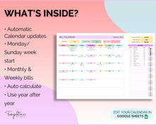 Load image into Gallery viewer, Bill Payment Calendar Spreadsheet | Google SHEETS Automated Monthly Bill Tracker | Budget Expense, Finance Template | Rainbow
