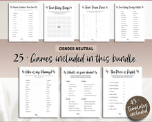 Load image into Gallery viewer, TWIN Baby Shower Games BUNDLE | 45 Twins Baby Shower Activity, Twin Trivia, whats in your purchase, Bingo, Word Scramble, Boho &amp; Woodland Themes
