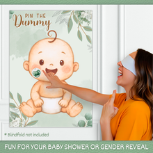 Load image into Gallery viewer, Templatables Pin the Dummy Baby Shower Party Game – Double Sided A2 Poster, 35 Stickers, Fun Baby Shower or Gender Reveal Party Game

