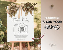 Load image into Gallery viewer, Editable Capture the Love QR Code Sign | EDITABLE Wedding Reception Signage for Camera, Wedding Table games, QR Code Canva Template &amp; Modern Photo Sign
