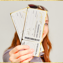 Load image into Gallery viewer, GOLD Scratch &amp; Reveal Travel Ticket - Personalized Surprise Boarding Pass Gift with ENVELOPE | Golden Ticket, Unique Flight Travel Gift for Anniversary, Birthday, Valentines &amp; Christmas Holidays
