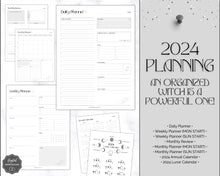 Load image into Gallery viewer, 2024 Printable Witch Planner | 2024 Witchy Journal, Moon Calendar, Tarot Journal, Spell Book, Grimoire, Witchcraft, Witchy stuff &amp; Goth Witch Kit
