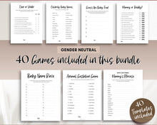 Load image into Gallery viewer, 40 Baby Shower Games Printable BUNDLE | Gender Neutral Baby Shower Activity for Woodland, Boho, Neutral Theme Baby Showers
