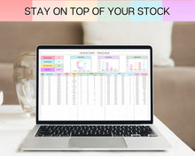 Load image into Gallery viewer, Inventory Tracker Spreadsheet | Small Business Inventory Management Template &amp; Business Stock Tracker for Google Sheets | Colorful
