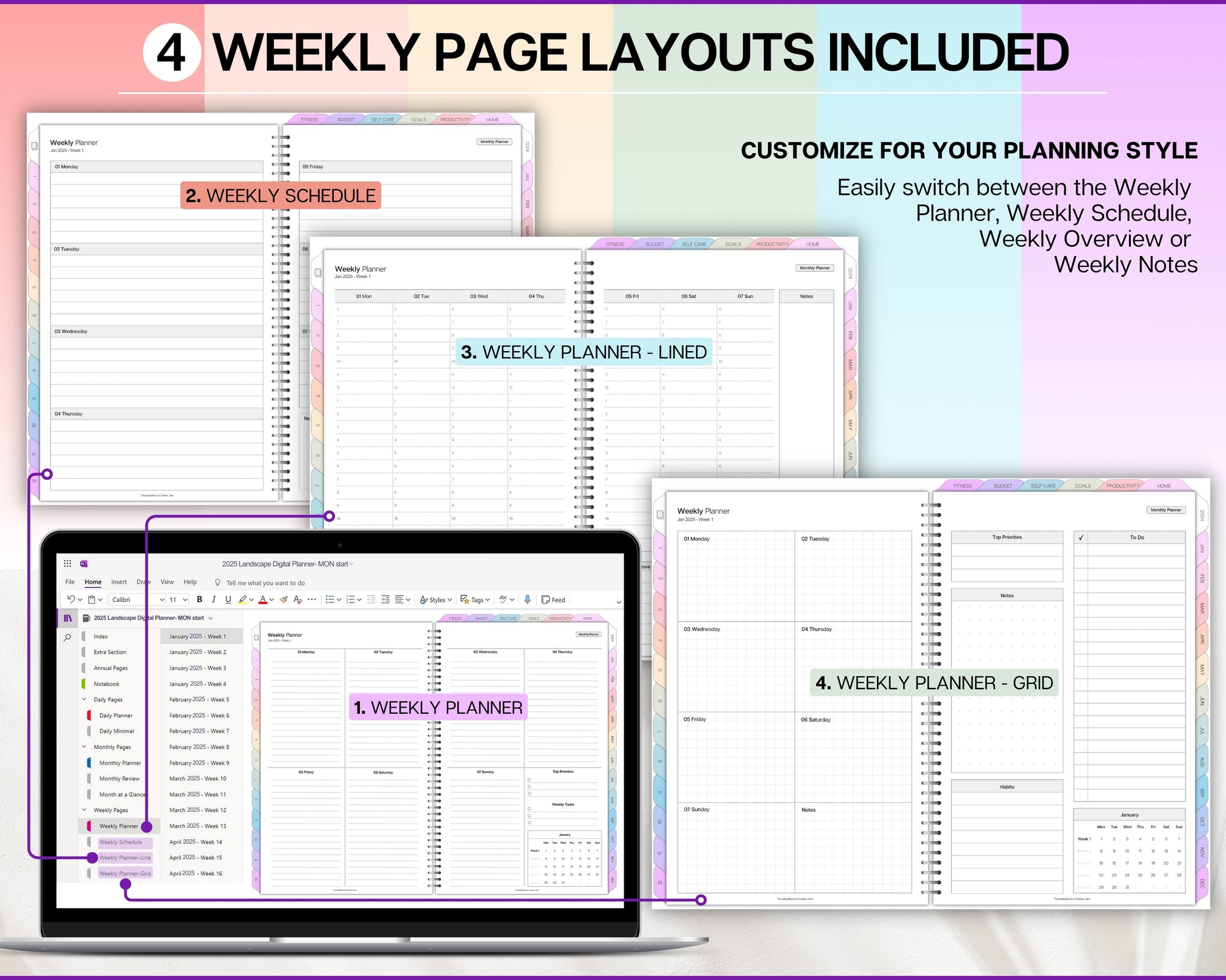 Visual Daily Planner Onenote Colorful 2025 OneNote Planner | For Daily, Weekly & Monthly Planning!