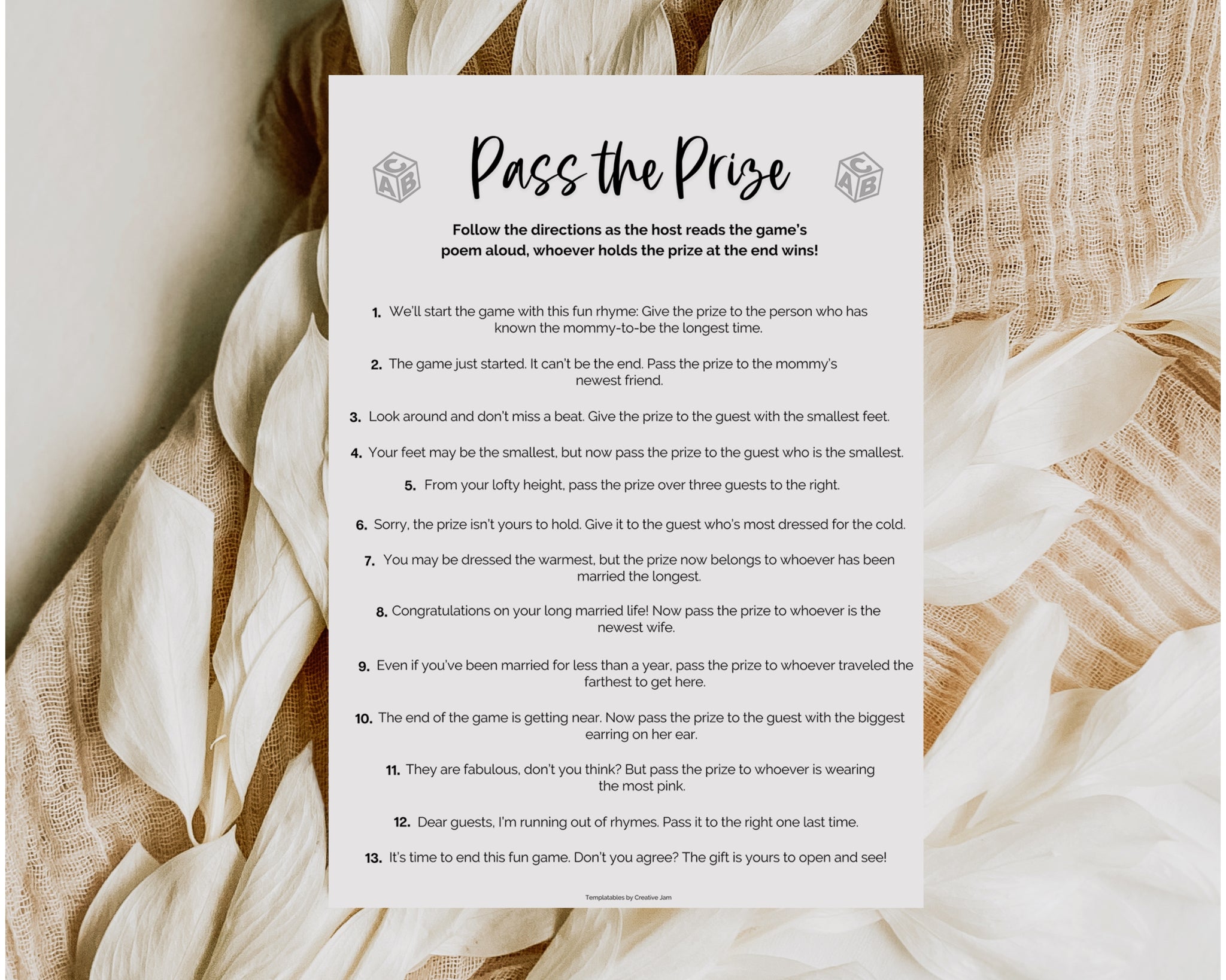 Pass the Prize Game Interactive game for all to play at baby shower!