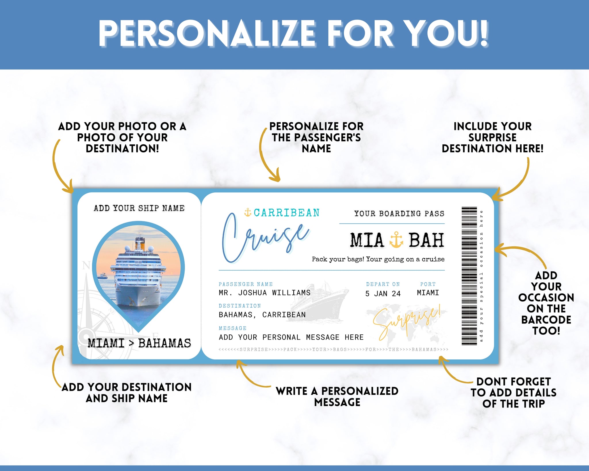 CRUISE Ticket Template Editable Boarding Pass Cruise Vacation Ticket