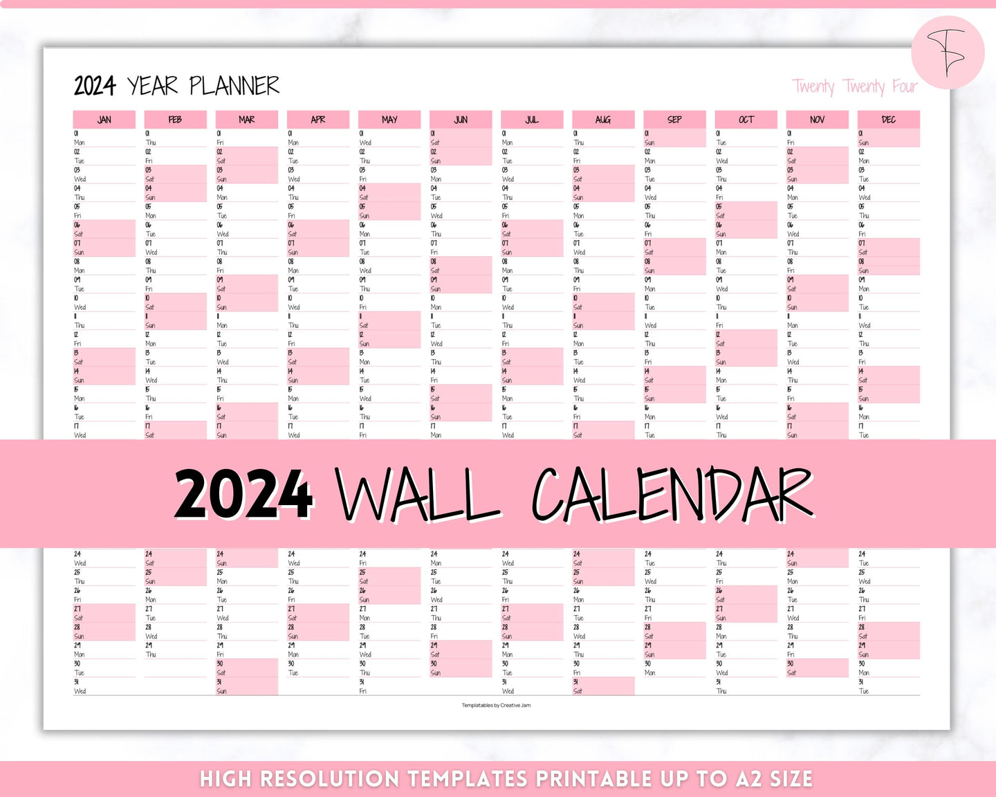 2024 Wall Calendar Printable | Large Yearly 12 Month Calendar | Annual Year at a glance | Pink