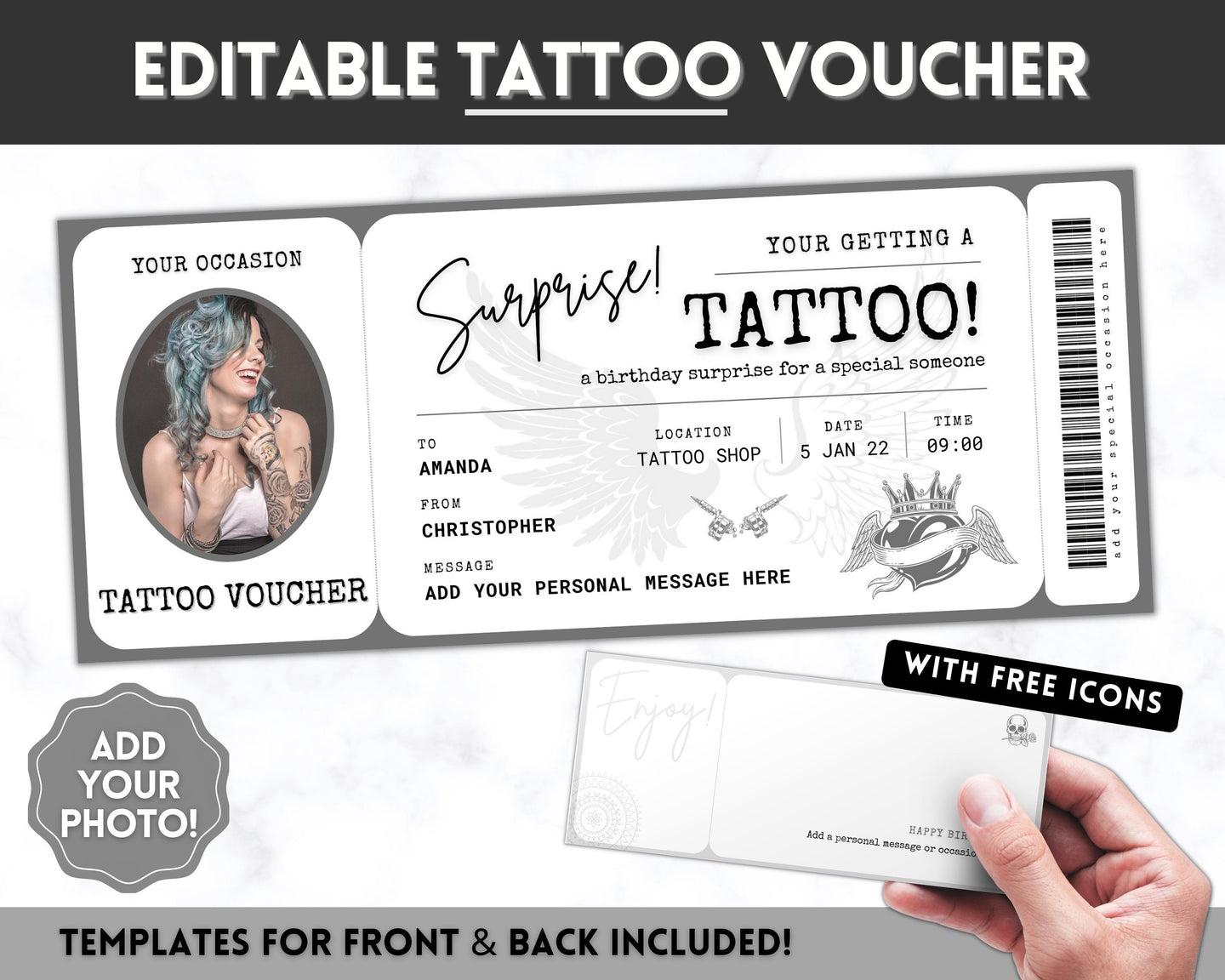 Tattoo Ticket Template | EDITABLE Tattoo Gift Certificate Voucher
