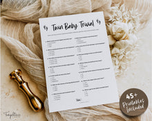 Load image into Gallery viewer, TWIN Baby Shower Games BUNDLE | 45 Twins Baby Shower Activity, Twin Trivia, whats in your purchase, Bingo, Word Scramble, Boho &amp; Woodland Themes
