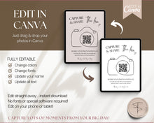 Load image into Gallery viewer, Editable Capture the Love QR Code Sign | EDITABLE Wedding Reception Signage for Camera, Wedding Table games, QR Code Canva Template &amp; Modern Photo Sign
