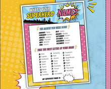 Load image into Gallery viewer, Superhero Party Game | What’s your Superhero Name? Includes Super Hero Party Decoration, Name Sign, Kids &amp; Birthday Party Decor | Printable Games | GIRL
