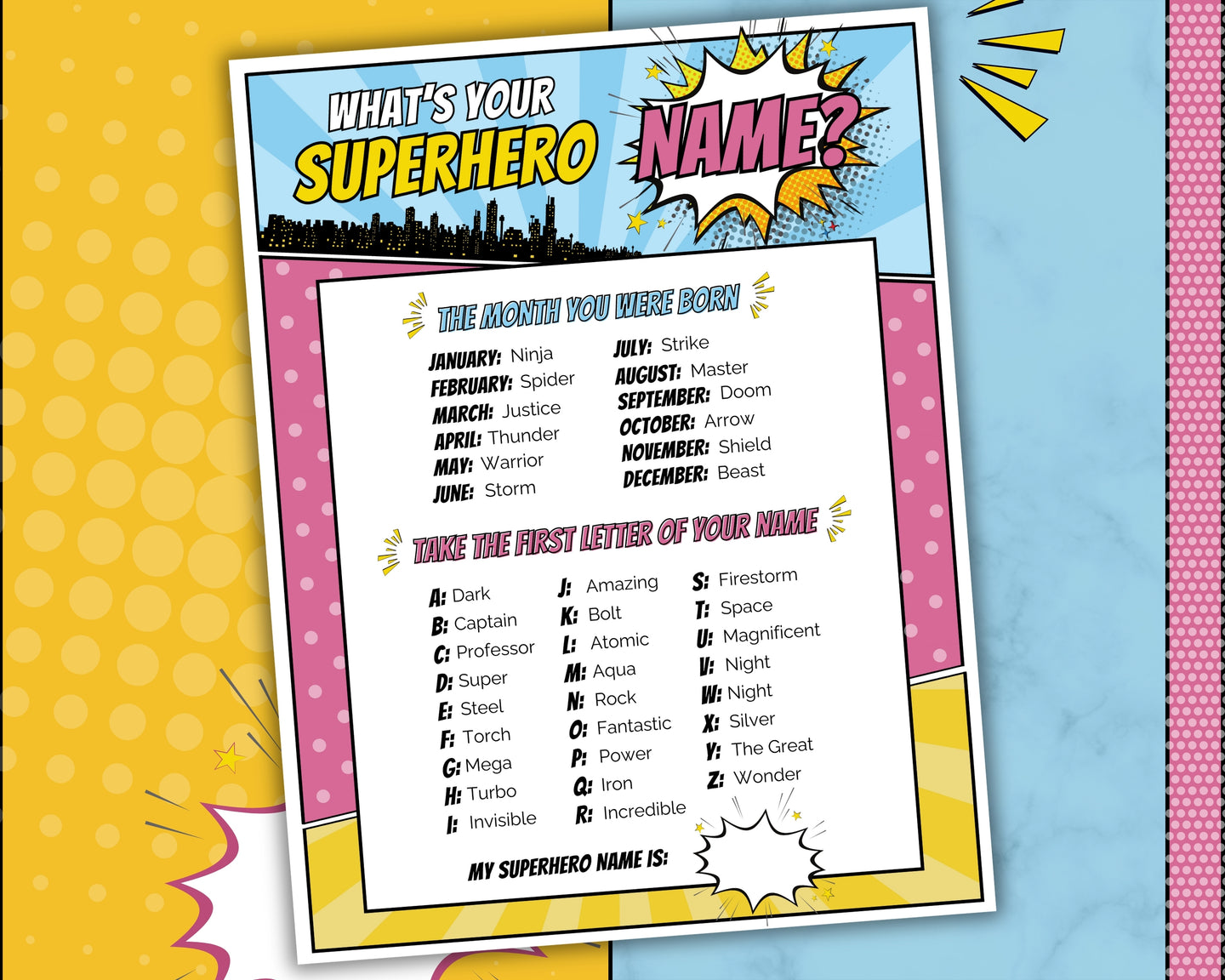 Superhero Party Game | What’s your Superhero Name? Includes Super Hero Party Decoration, Name Sign, Kids & Birthday Party Decor | Printable Games | GIRL