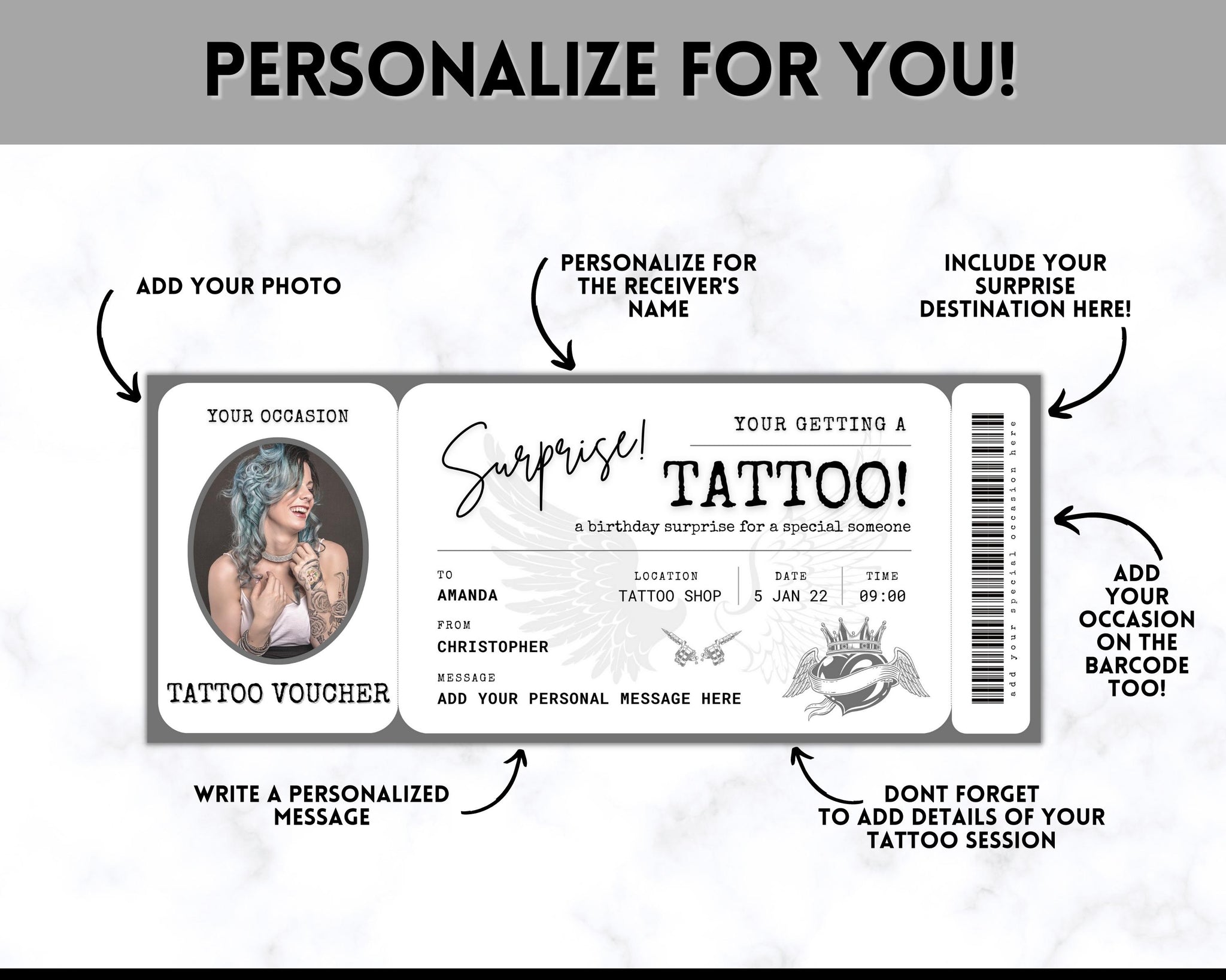 Tattoo Ticket Template EDITABLE Tattoo Gift Certificate Voucher