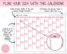 Load image into Gallery viewer, 2024 Wall Calendar Printable | Large Yearly 12 Month Calendar | Annual Year at a glance | Pink
