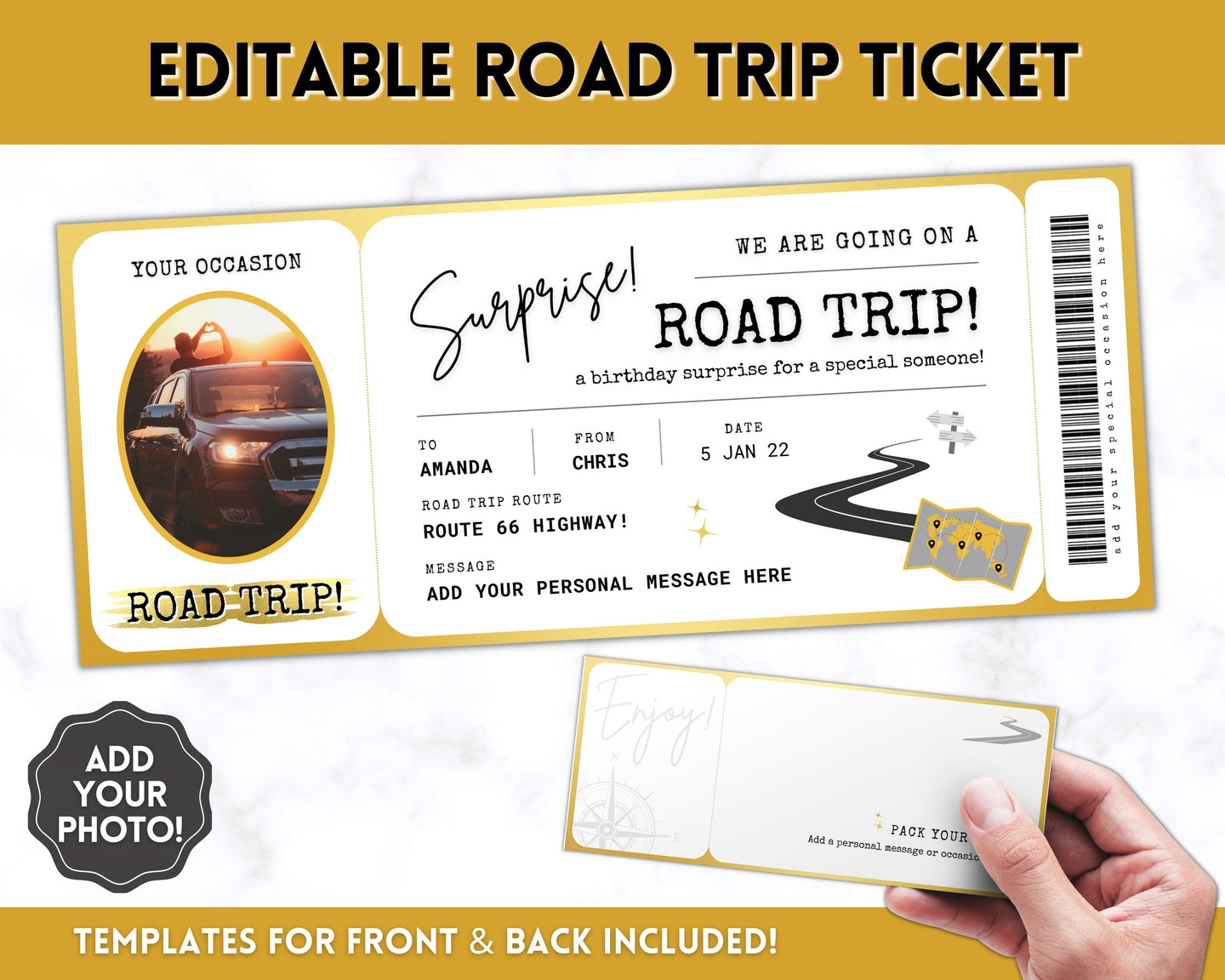 Road Trip Ticket Template | EDITABLE Suprise Road Trip Ticket Invitation | Gold