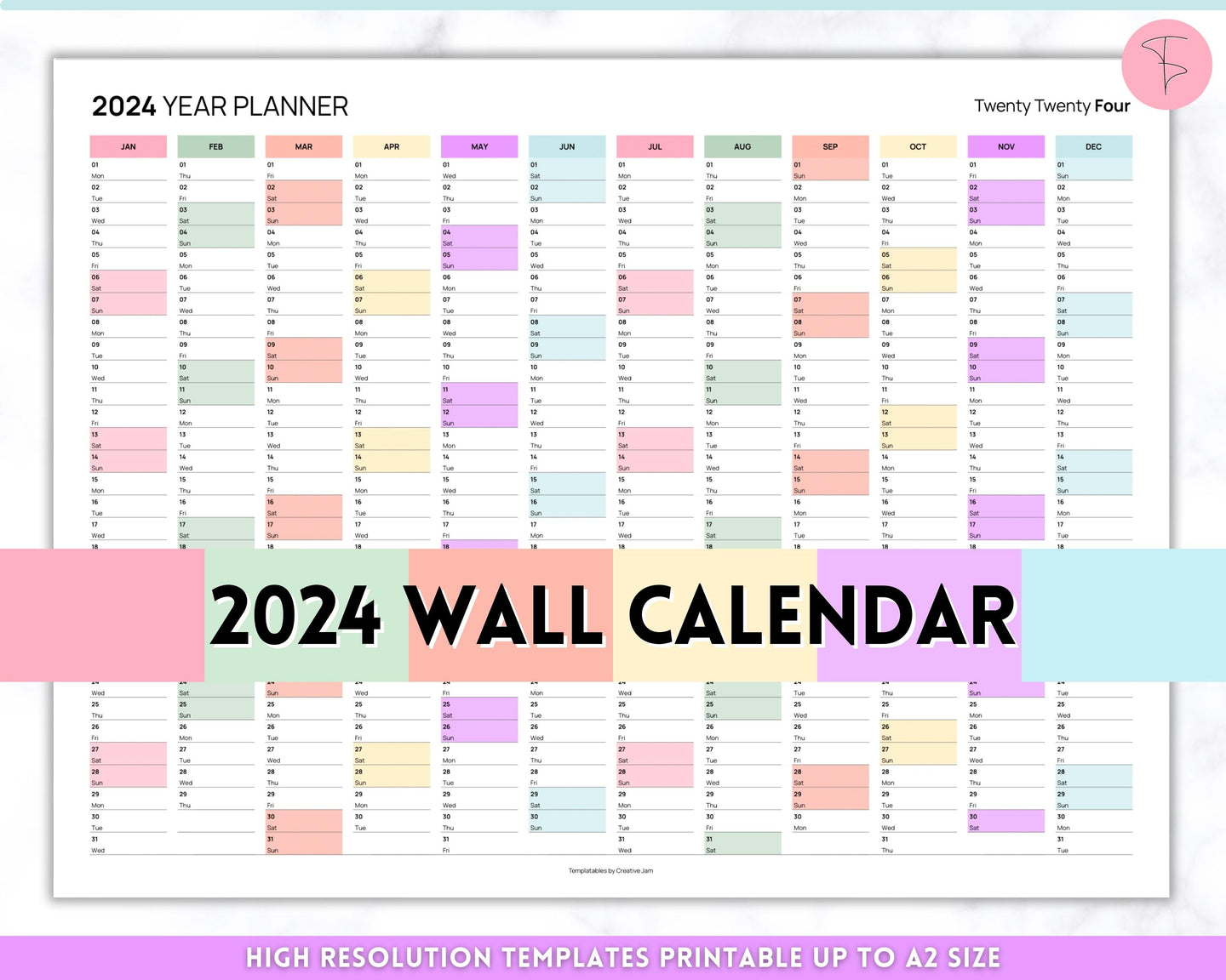 2024 Wall Calendar Printable | Large Yearly 12 Month Calendar | Annual Year at a glance | Rainbow