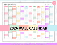 2024 Wall Calendar Printable | Large Yearly 12 Month Calendar | Annual Year at a glance | Rainbow