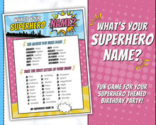 Load image into Gallery viewer, Superhero Party Game | What’s your Superhero Name? Includes Super Hero Party Decoration, Name Sign, Kids &amp; Birthday Party Decor | Printable Games | GIRL
