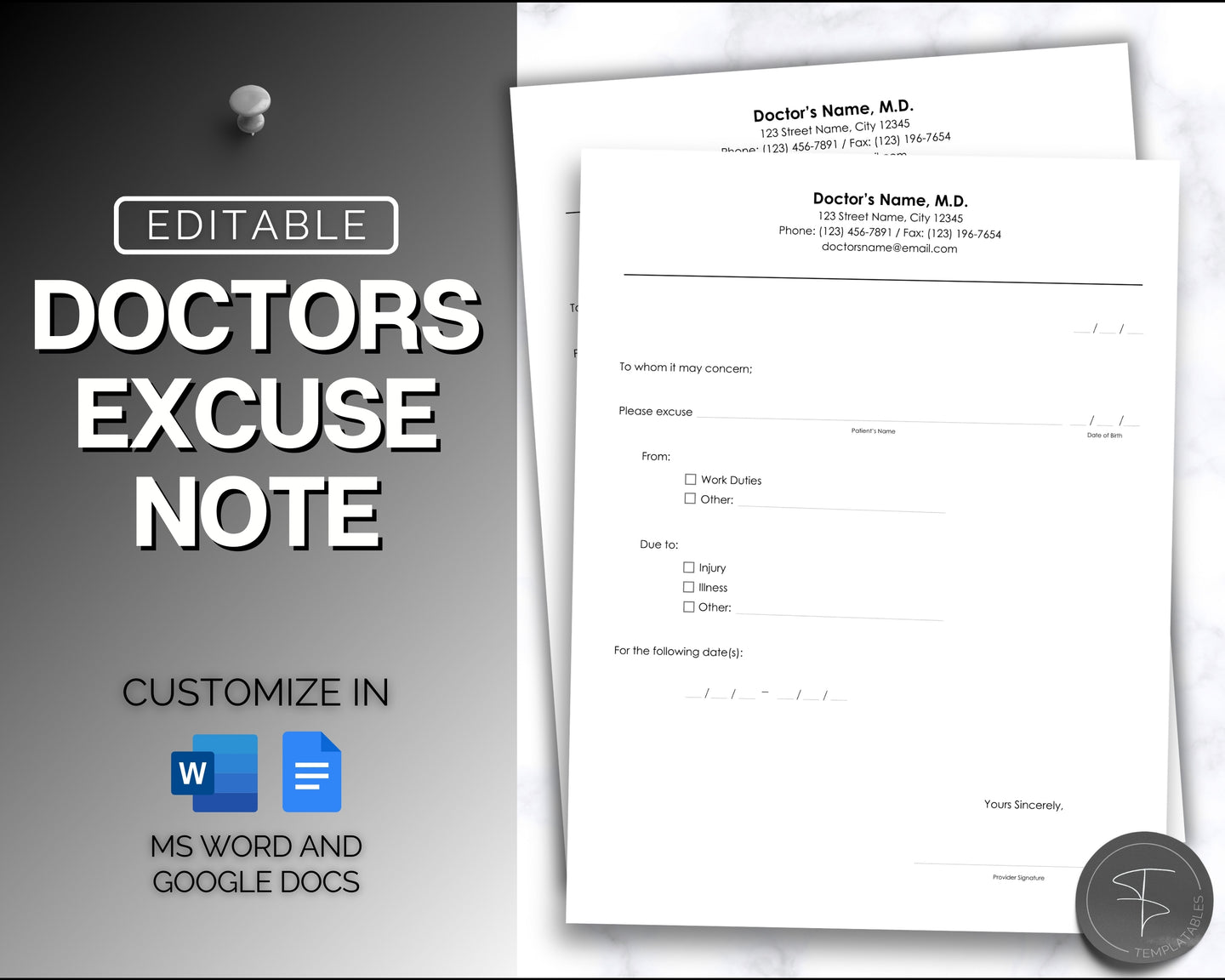Editable Doctors Excuse Note | Editable Template for Fake Doctors Note, Medical Note for Work, School & Word Template | Perfect for Google Docs | Fill in Blanks