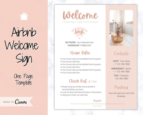 1 Page Airbnb Welcome Poster Template, Wifi Password Sign Printable, Welcome Book, House Rules, Host, Vacation Rental, Check Out Instruction | Apricot